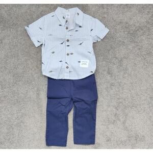 Old Navy Baby Boy Dino Stripe Button Shirt + Navy Pants Set 12-18M